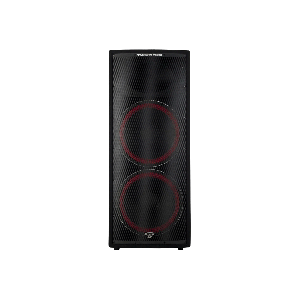 The Cerwin-Vega CVi-252 Dual 15" 2-Way Full Range Loudspeaker from the CVi Series features two large black speaker cones with red accents, enclosed in a mesh grille with a small logo at the bottom center, all elegantly framed by a rectangular black border.