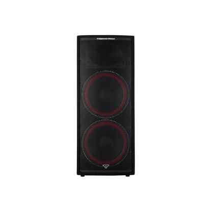 The Cerwin-Vega CVi-252 Dual 15" 2-Way Full Range Loudspeaker from the CVi Series features two large black speaker cones with red accents, enclosed in a mesh grille with a small logo at the bottom center, all elegantly framed by a rectangular black border.