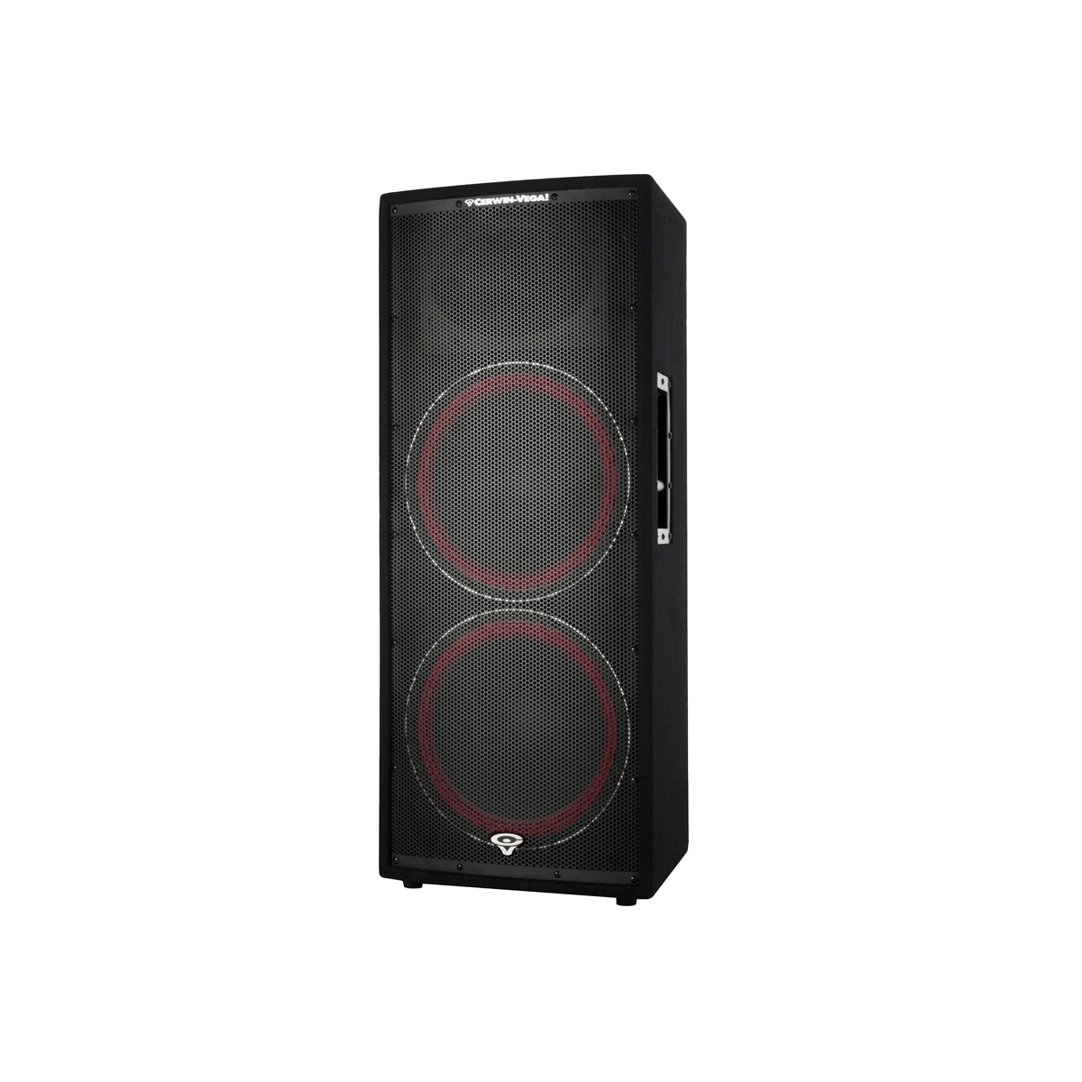 The CVi Series Dual 15" 2-Way Full Range Loudspeaker (CVi-252) features dual circular drivers with red accents, a mesh grille, and a rectangular, portable design. The Cerwin-Vega! name is at the top, with the logo at the bottom and a side handle for easy transport.