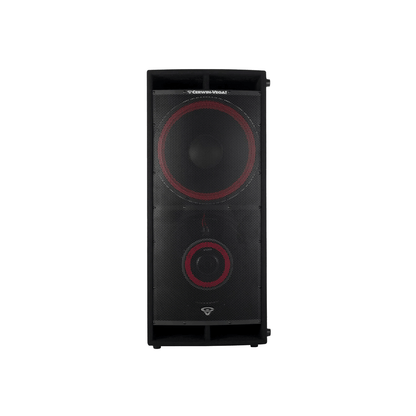 The CVi Series Dual 18" Passive Subwoofer (CVi-218S) by Cerwin-Vega is a tall, black speaker with a mesh front and two visible cones. The larger top cone and smaller bottom one are outlined in red, while the Cerwin Vega logo is at both the top center and bottom of the unit.