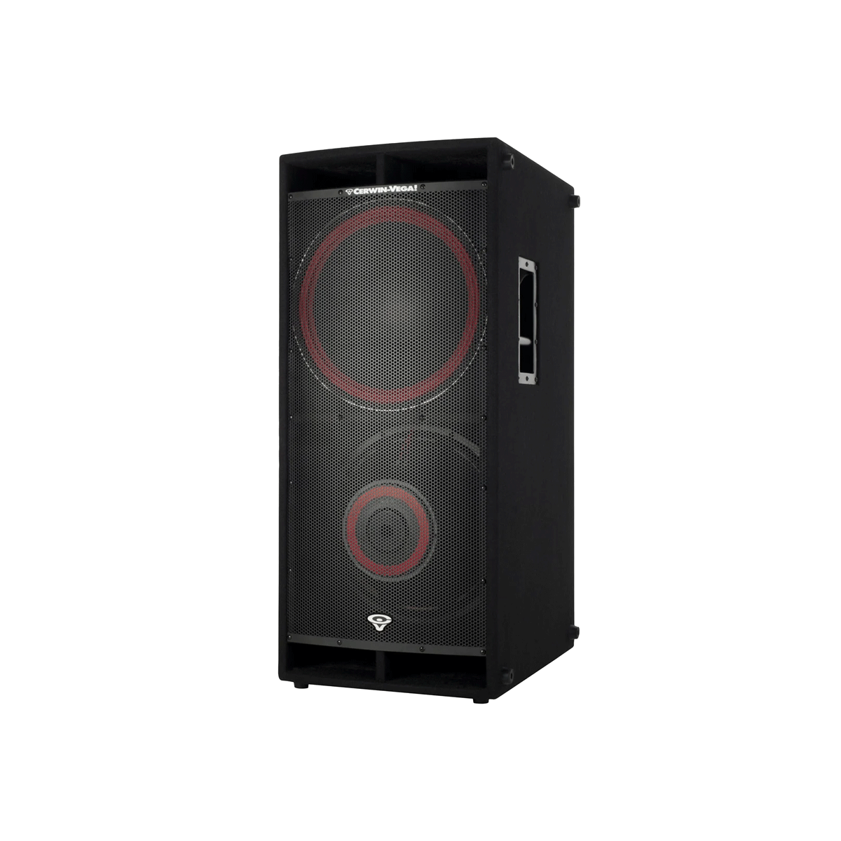 The sleek black Cerwin-Vega CVi-218S subwoofer features dual 18" speakers behind metal grilles with red accents. A side handle ensures easy transport, and the "Cerwin-Vega" logo is prominently displayed on the top front panel.