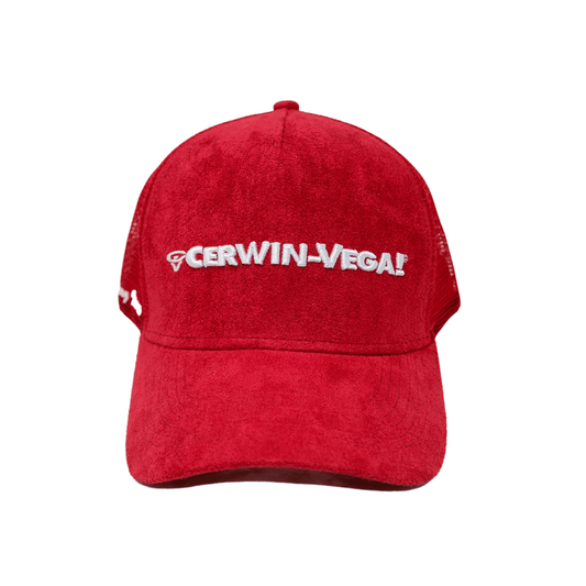 The Cerwin-Vega Suede Trucker Hat (Factory Issue) - CVMFI features a red suede front with a mesh back, white "CERWIN-VEGA!" embroidery, an adjustable snapback for comfort, and a curved brim in a solid design.