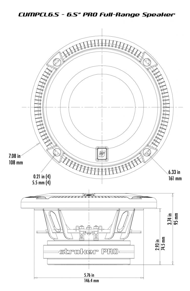 The Cerwin Vega Stroker Pro 6.5" Full Range Speaker (CVMPCL6.5) is highlighted in the technical diagram, showcasing exceptional car audio quality with a top view diameter of 7.08 inches and a side view height of 5.76 inches, featuring labeled mounting depth, cutout diameter, and "Stroker PRO" on the side.