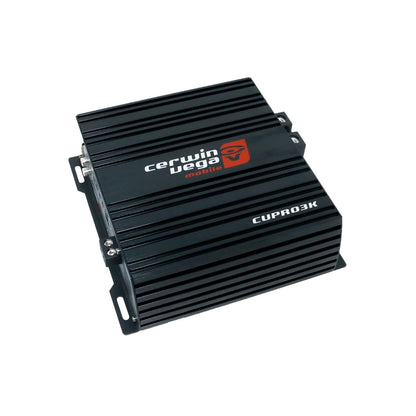 A black, rectangular CVP Pro 1-Channel Class-D Amplifier with ribbed sides, ideal for subwoofers. It features "Cerwin Vega Mobile" in red and white, a red emblem, and the model "CVPRO3K" on the right. Comes with side mounting brackets.