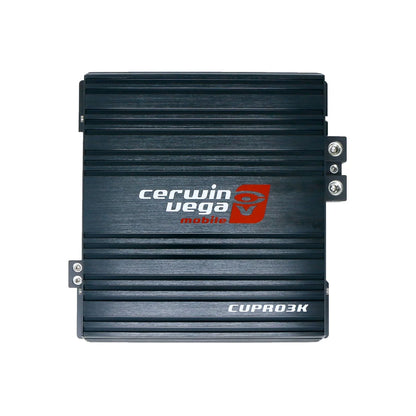 The CVP Pro 1-Channel Class-D Amplifier 3000 Watts (CVPRO3K) is a black, rectangular audio amplifier with a ribbed texture. It displays the "Cerwin Vega Mobile" logo in white and red, "CUPRO3K" at the bottom, and has two metal connectors on the right side. Ideal for CV PRO subwoofers.