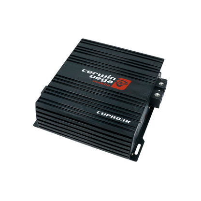 Introducing the CVP Pro 1-Channel Class-D Amplifier 3000 Watts - CVPRO3K, featuring a sleek ribbed design with a red logo and white text. This compact amplifier includes mounting brackets and dual cable connectors, making it perfect for driving subwoofers effortlessly.