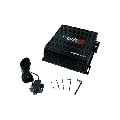 The CVP Pro 1-Channel Class-D Amplifier 3000 Watts - CVPRO3K by Cerwin-Vega boasts a ribbed texture and metallic finish, includes a wired remote, five screws, and an Allen wrench, ideal for boosting your sound system with subwoofers or as a high-power amplifier.