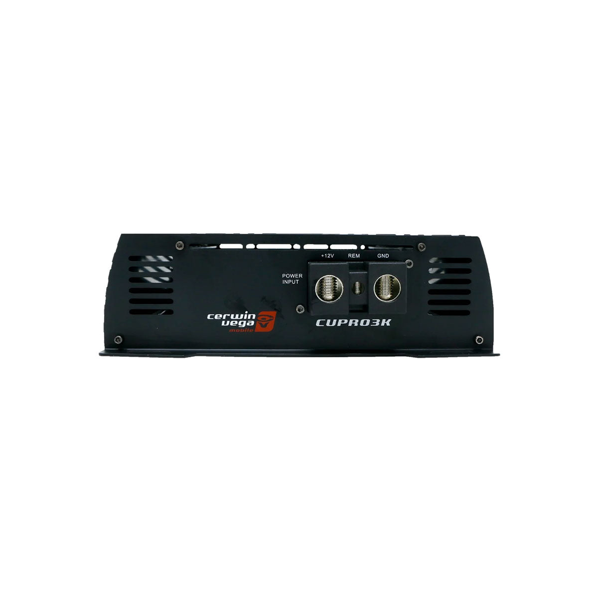 Front view of the CVP Pro 1-Channel Class-D Amplifier 3000 Watts - CVPRO3K. The black device includes a logo on the left and power inputs labeled "12V," "REM," and "GND" in the center. Designed for subwoofers, it features side ventilation grills and a compact, rectangular design.