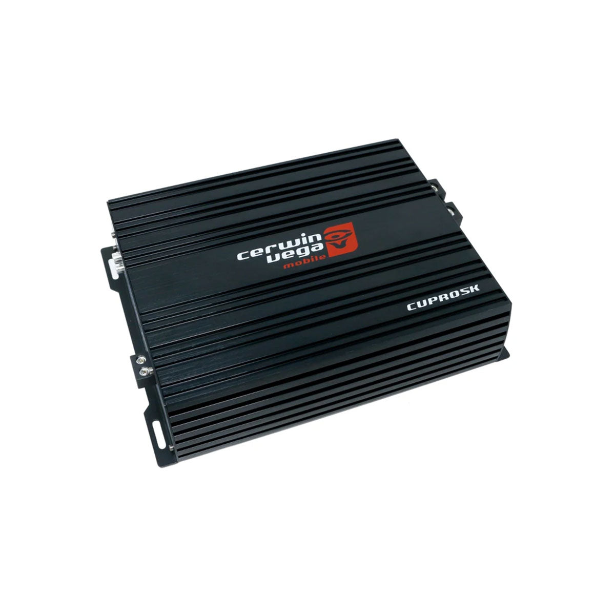 The CVP Pro Amplifiers by Cerwin Vega are black with a ridged texture, featuring the red and white Cerwin Vega logo on top. This rectangular car amplifier has metal mounting brackets on the sides, designed to enhance car audio systems.