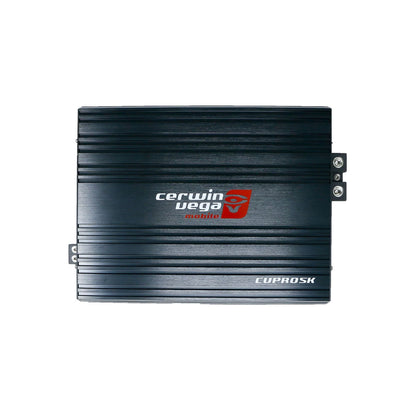 The Black CVP Pro Series 1-Channel Monoblock Class-D Amplifier 5000W (CVPRO5K) by Cerwin Vega features a ribbed texture, the logo with red and white "cerwin vega mobile" text, and a stylized sound wave icon. It boasts high-current tech in a compact rectangular design with visible mounting tabs.