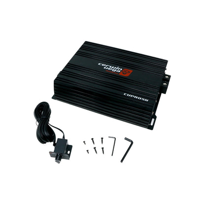 The CVP Pro Amplifier is a black rectangular device with a ribbed surface, featuring the "certain logo" brand and model "CUPRO5X" on top. It comes with a black wired connector, five screws, and an Allen wrench.