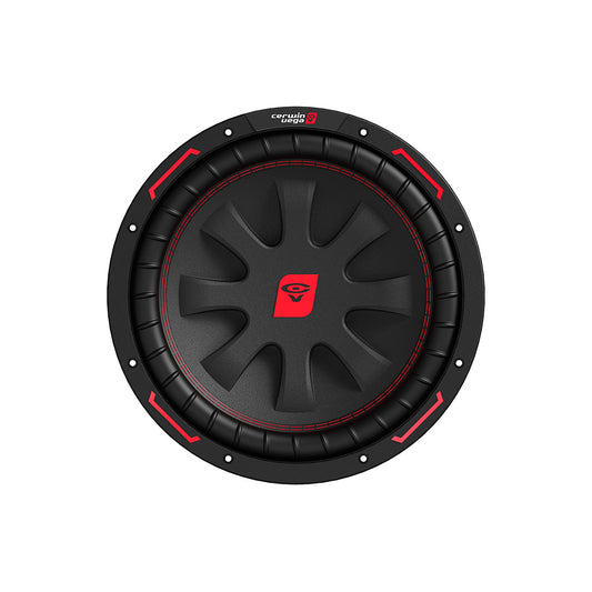 The CVP Series Single 10" Door Buster Deal features a round black audio speaker with an eye-like central logo and red accents. Its outer ring has red stitching and wave patterns. Part of the Cerwin-Vega Performance series, its top edge reads "CERWIN-VEGA! Vmax," perfect for subwoofers.