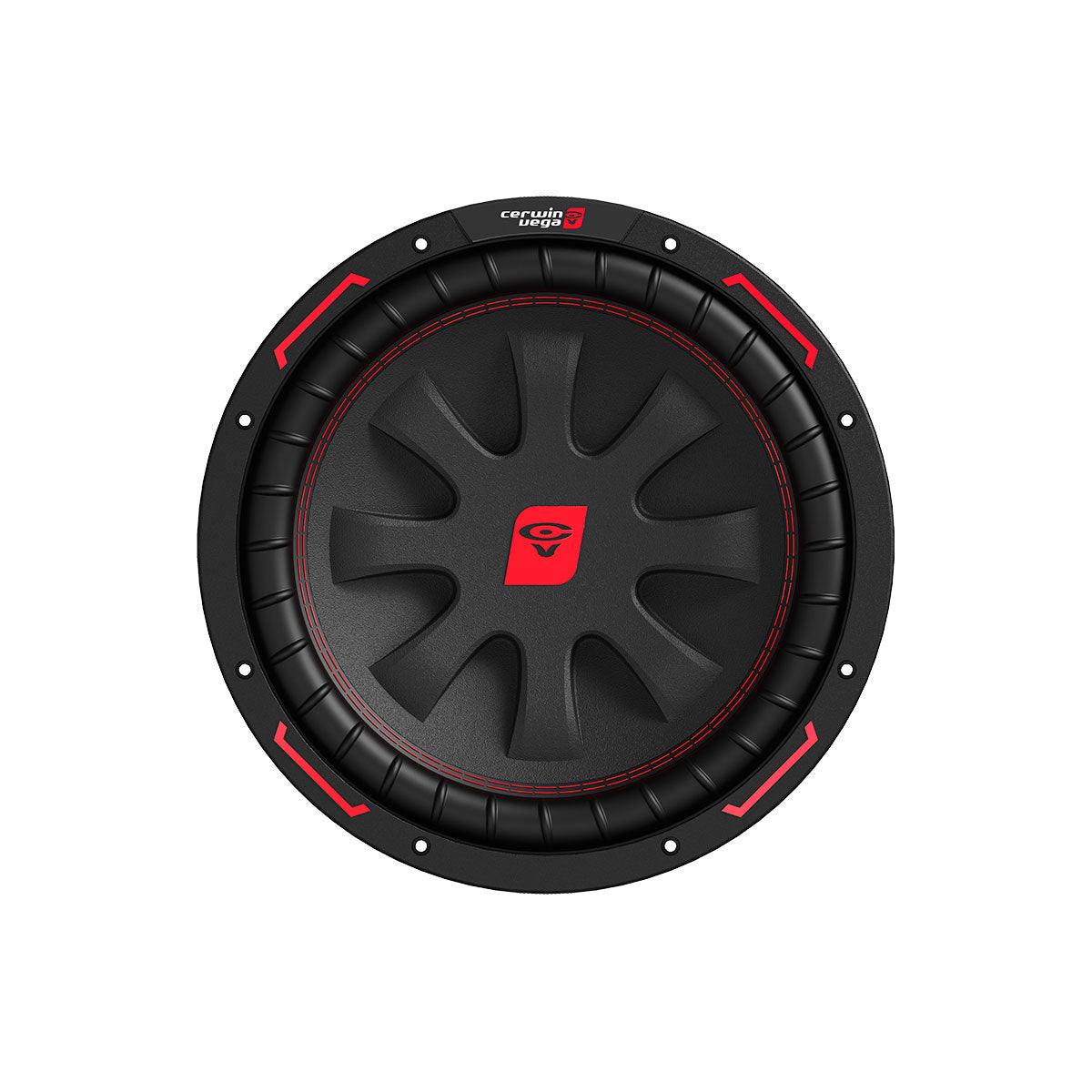 Black round 10" DVC subwoofer with a wavy cone design, red edge accents, and a stylized eye emblem in a red shield marked "CERWIN VEGA". Part of the CVP Series, model CVP10D4, it's perfect for car audio enthusiasts with bolt details ideal for DVC setups.