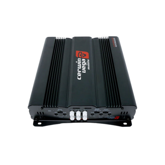 The CVP SERIES 4-Channel Class-AB Amplifier - CVP1200.4D features a black exterior with red and white Cerwin Vega branding, multiple front white dials and buttons, side heat sinks, labeled ports and controls in white, all in a sleek rectangular design for delivering extreme bass.