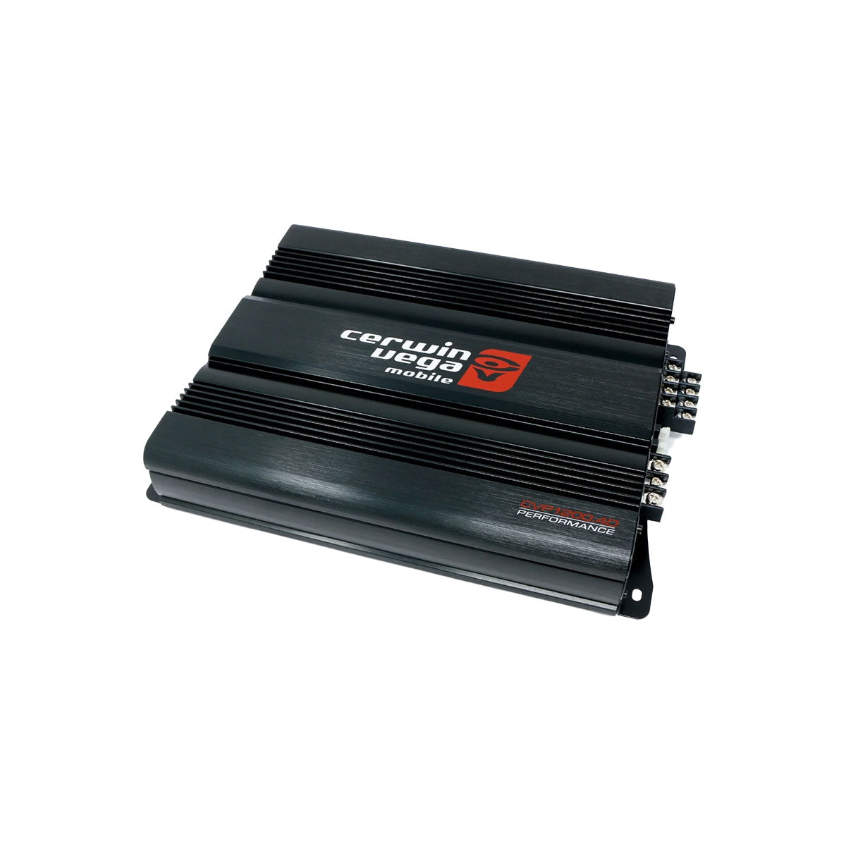 The black CVP SERIES 4-Channel Class-AB Amplifier - CVP1200.4D sports a bold red and white logo, horizontal cooling ridges, multiple right-side ports for connectivity, and a rectangular build with mounting brackets for extreme bass.