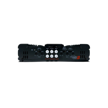 Front view of the CVP SERIES 4-Channel Class-AB Amplifier - CVP1200.4D on a white background, with various control knobs, "Input" and "Output" buttons, and four centrally placed white ports. The brand logo and model number are printed in red at the center bottom, promising extreme bass.