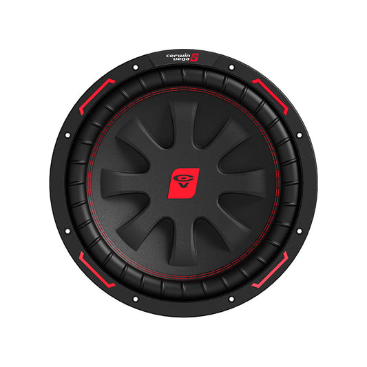 The CVP Series 12" SVC Subwoofer (4Ω) - CVP12S4 by Cerwin Vega, featuring a black cone with red stitching and accents, appeals to car audio enthusiasts. The textured cone, resembling blades is highlighted by the centrally placed red Cerwin Vega logo crowning the top.