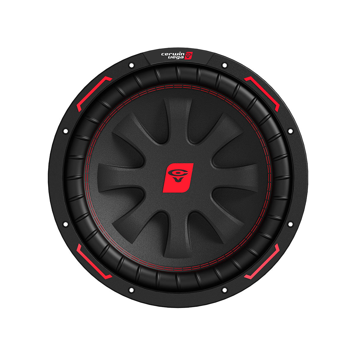 The CVP Series 12" DVC Subwoofer (4Ω) - CVP12D4 by Cerwin Vega features a sleek black circular design with a central red and black logo, red stitching on the cone, and vibrant red accents along the edge, promising superior sound quality for car audio enthusiasts.