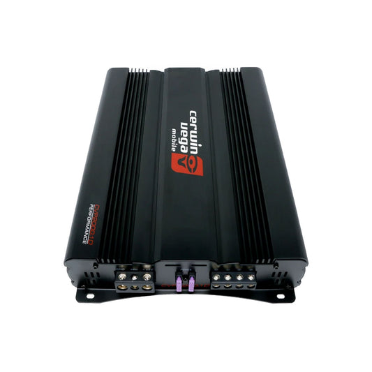 The CVP Series 1-Channel Class AB Amplifier (CVP2000.1D) is sleek and black with cooling fins and a bold "car audio mobile" label. Featuring multiple connection ports, it's designed for extreme bass with a robust performance series look, perfect for any car audio system.