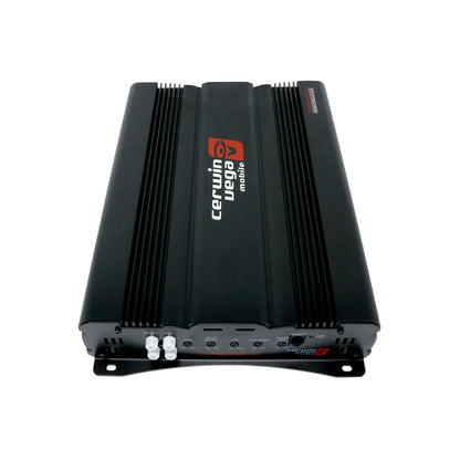 The black Cerwin-Vega CVP Series 1-Channel Class AB Amplifier - CVP2000.1D features heat dissipation fins, a red and white logo, front panel control knobs, and I/O ports, providing extreme bass and top-tier sound quality for car audio enthusiasts.