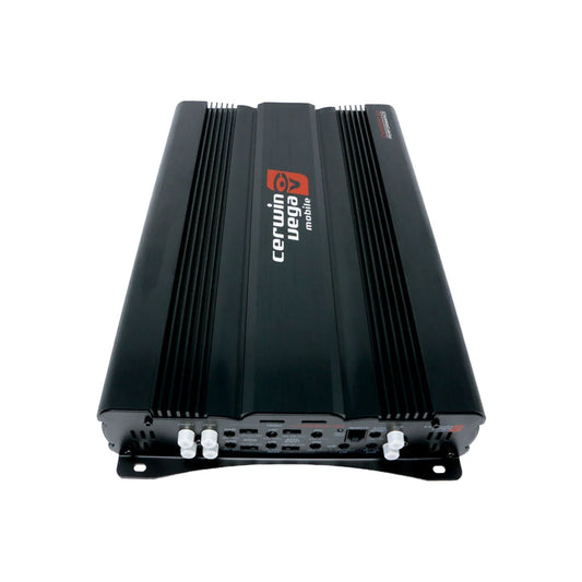 The Cerwin-Vega CVP2500.5D is a black 5-channel bridgeable Class AB Amplifier featuring a red "Cerwin Vega mobile" logo, ribbed edges for cooling, multiple white control knobs, and various input/output connections for extreme bass in a sleek rectangular design.