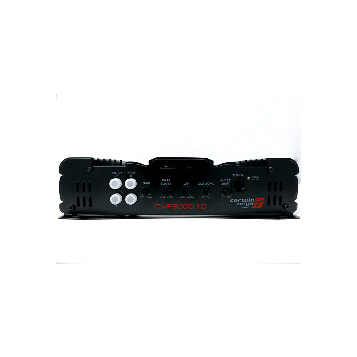 The CVP Series 1-Channel Class AB Amplifier, model CVP3000.1D, exemplifies high-performance engineering with front-view control knobs for volume and extreme bass boost on a sleek black design. Its "Cerwin Vega" logo and ventilation slits enhance its sophistication against a white background.