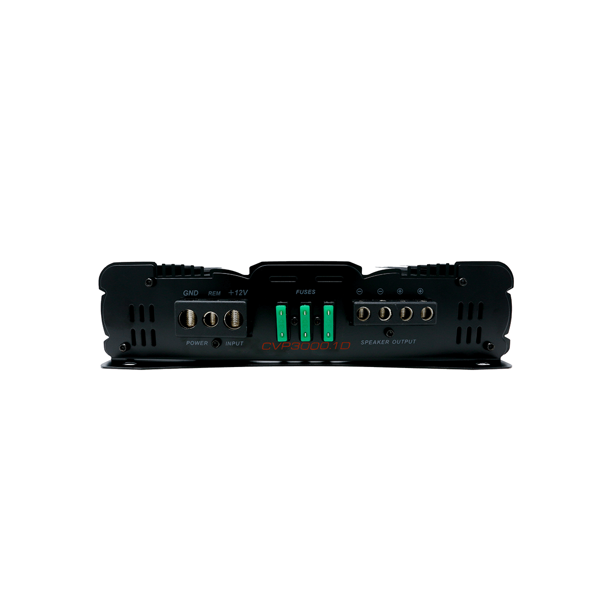 The CVP Series 1-Channel Class AB Amplifier - CVP3000.1D by Cerwin-Vega, in black with side vents, features input/output terminals and green fuses. It has left-side connections for ground, REM, 12V, power input, and right-side four speaker outputs. Its compact design delivers extreme bass on a white background.