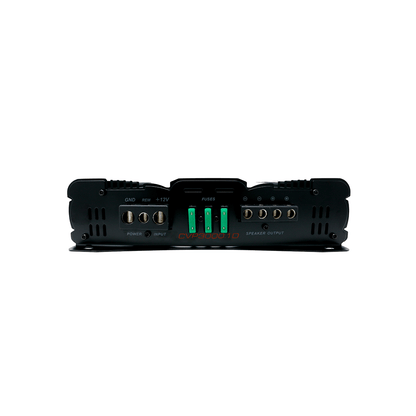 The CVP Series 1-Channel Class AB Amplifier - CVP3000.1D by Cerwin-Vega, in black with side vents, features input/output terminals and green fuses. It has left-side connections for ground, REM, 12V, power input, and right-side four speaker outputs. Its compact design delivers extreme bass on a white background.