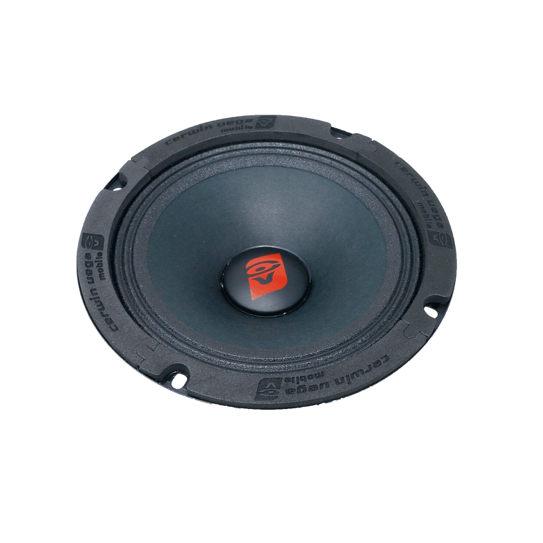 The Pro Series 6.5" Full Range Speaker 4Ω - CVP65 boasts a circular diaphragm with a red logo at its center. Its sleek frame has mounting holes, making it popular in sound systems for midrange audio performance.