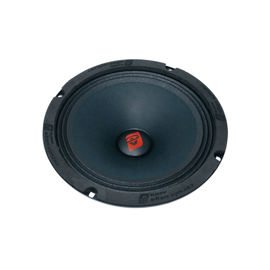 The Pro Series 8" Full Range Speaker 4Ω - CVP8 features a black circular design with a centered red logo, textured cone, and sturdy black frame with four mounting screw holes. It includes small brand markings and technical details printed in white along the edges on a white background.