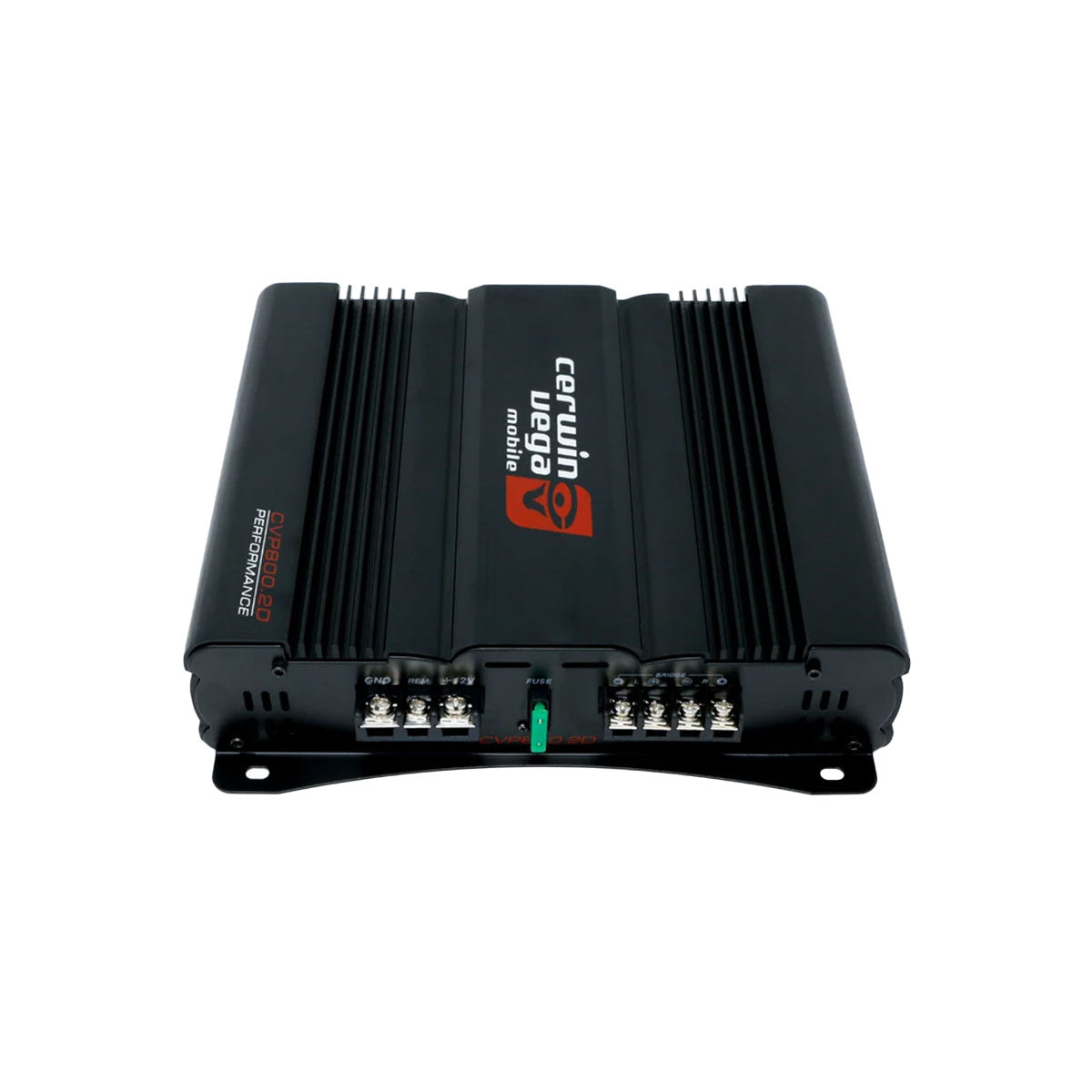 The image features a black Cerwin-Vega CVP800.2D car audio amplifier, known for extreme bass. It has ribbed heat sinks on the sides, multiple wiring terminals at the bottom, and a central red logo with white text on its rectangular body with rounded edges.