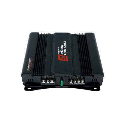 The image features a black Cerwin-Vega CVP800.2D car audio amplifier, known for extreme bass. It has ribbed heat sinks on the sides, multiple wiring terminals at the bottom, and a central red logo with white text on its rectangular body with rounded edges.