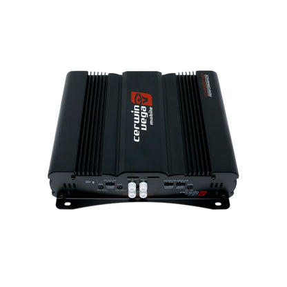 The CVP800.2D black Class AB amplifier, with its iconic red and white "Cerwin Vega Mobile" logo on top, features fins for heat dissipation and a front panel offering multiple input/output ports, switches, and knobs. This design perfectly encapsulates Cerwin-Vega's essence with extreme bass capabilities.