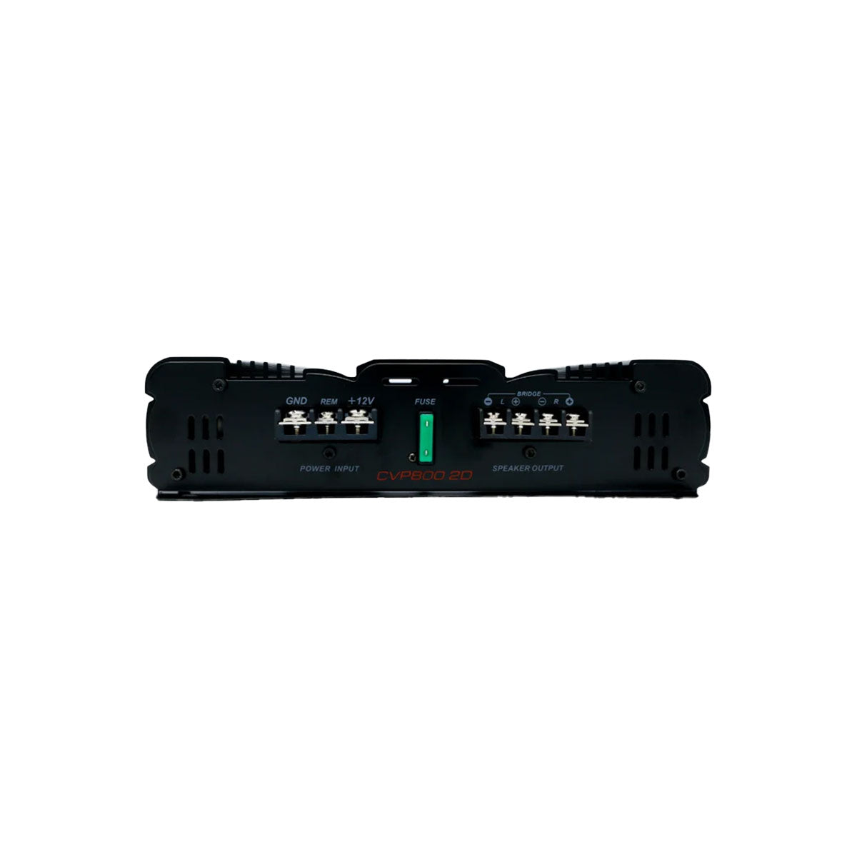 The 2 Channel Bridgeable Class AB Amplifier, CVP800.2D, in black on a white background, includes power and speaker connections, a green center fuse, LED indicators, and engraved specs. This sleek Cerwin-Vega model delivers extreme bass in a compact design with included bass control knob.