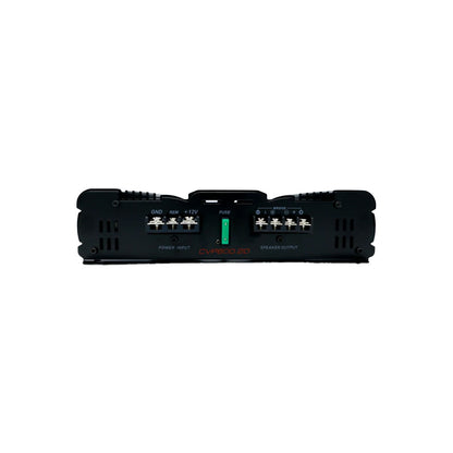 The 2 Channel Bridgeable Class AB Amplifier, CVP800.2D, in black on a white background, includes power and speaker connections, a green center fuse, LED indicators, and engraved specs. This sleek Cerwin-Vega model delivers extreme bass in a compact design with included bass control knob.