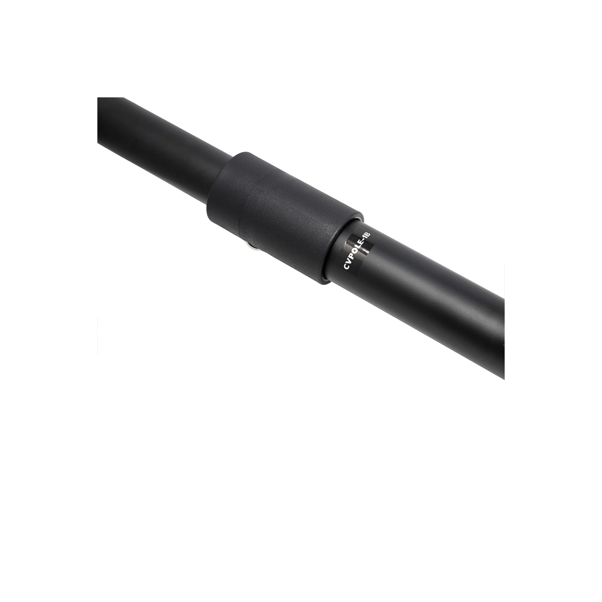 A close-up of a sleek black cylindrical metal object features a sliding section and screw lock mechanism, with "CYMBALS" inscribed. Reminiscent of Cerwin-Vega's Adjustable Telescoping Speaker Pole CVPOLE-1B, the plain white background highlights its modern design.