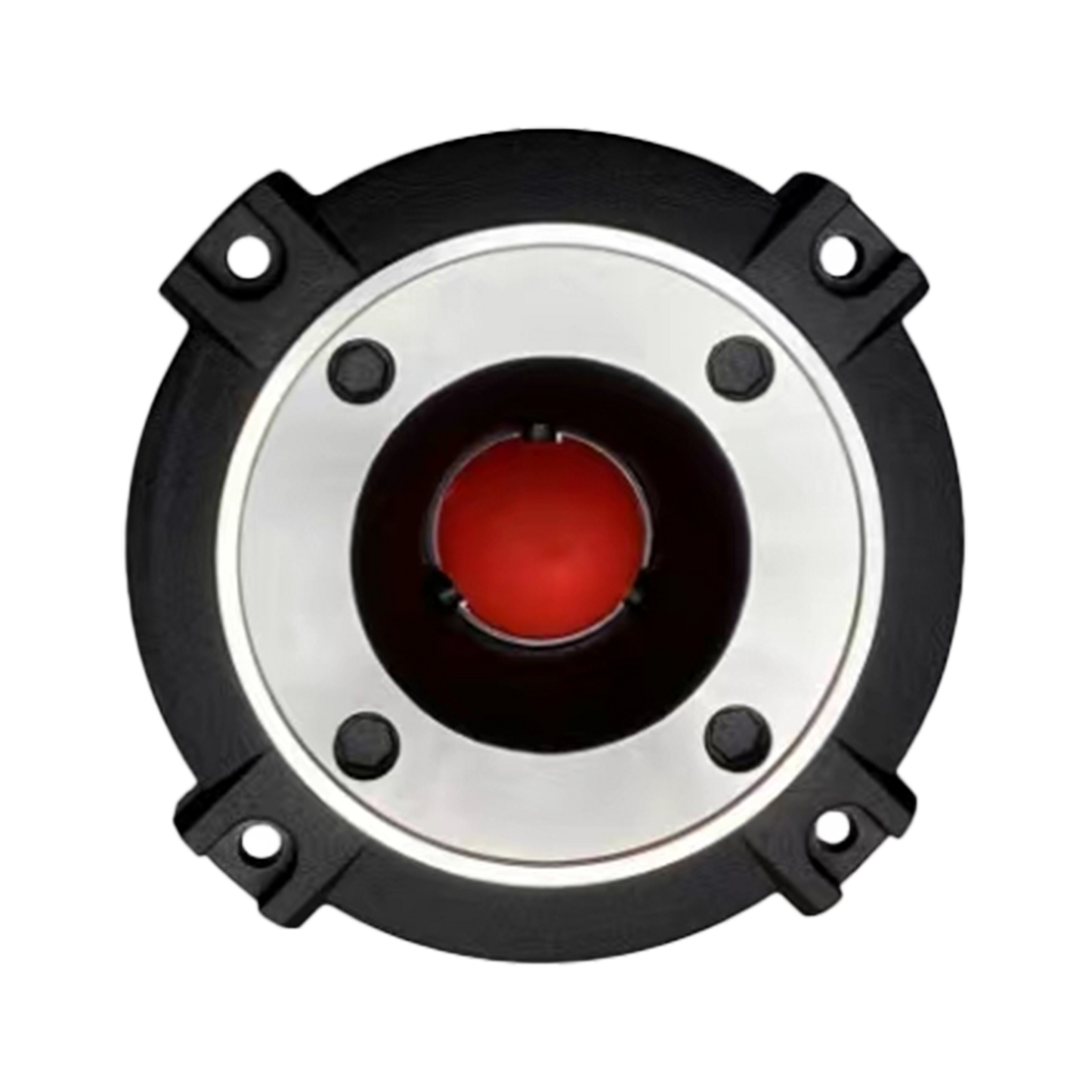 The CVPX1 - CVPX Series 1" Bullet Horn Tweeter showcases a circular black design with a silver inner ring and red center, featuring four sections with small screws around the edge. The industrial look is highlighted by horn-loaded drivers encircling the red center.