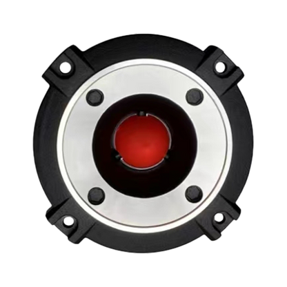 The CVPX1 - CVPX Series 1" Bullet Horn Tweeter showcases a circular black design with a silver inner ring and red center, featuring four sections with small screws around the edge. The industrial look is highlighted by horn-loaded drivers encircling the red center.