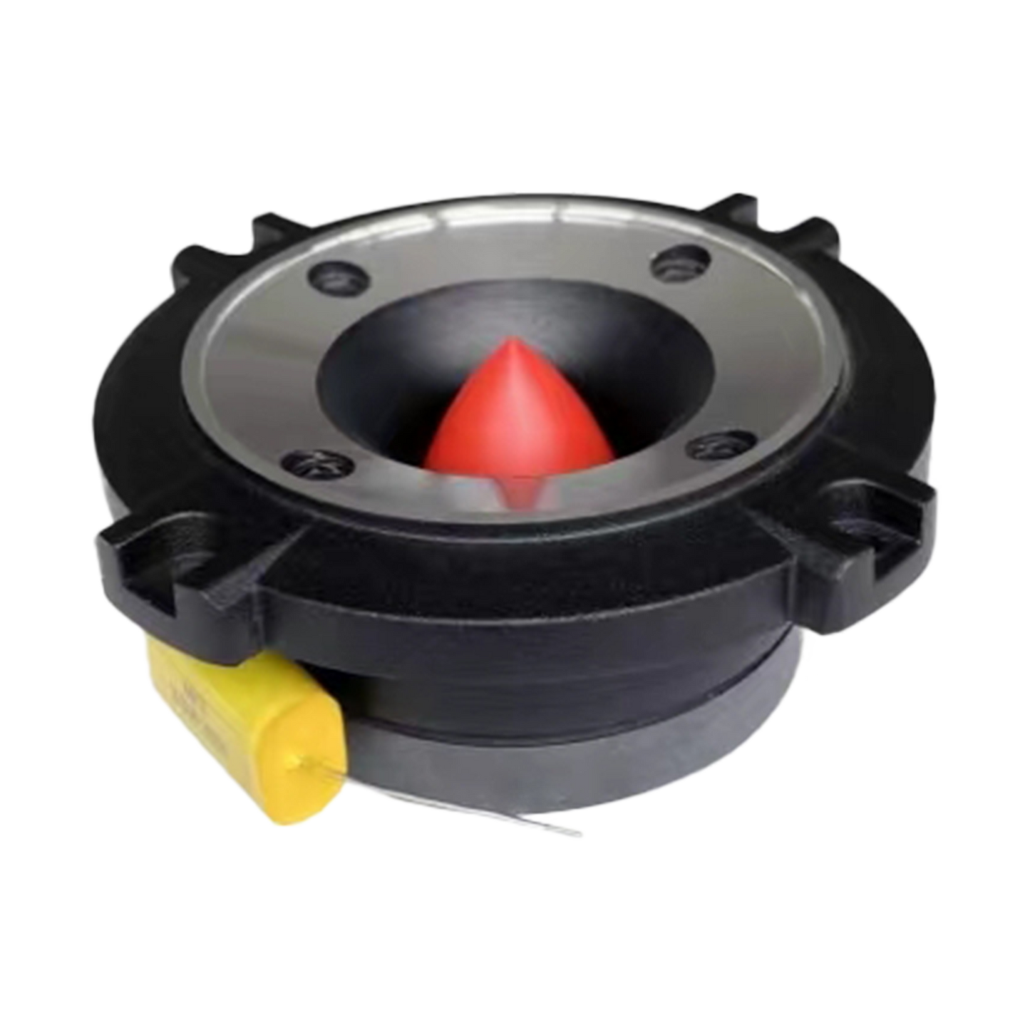 A round black audio driver with a silver rim, red cone-shaped center, and diaphragm-like design is mounted on a flat surface. Resembling the CVPX1 - CVPX Series 1" Bullet Horn Tweeter, it has four screw mounts and a yellow side component to enhance audio performance.