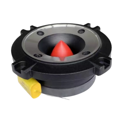 A round black audio driver with a silver rim, red cone-shaped center, and diaphragm-like design is mounted on a flat surface. Resembling the CVPX1 - CVPX Series 1" Bullet Horn Tweeter, it has four screw mounts and a yellow side component to enhance audio performance.