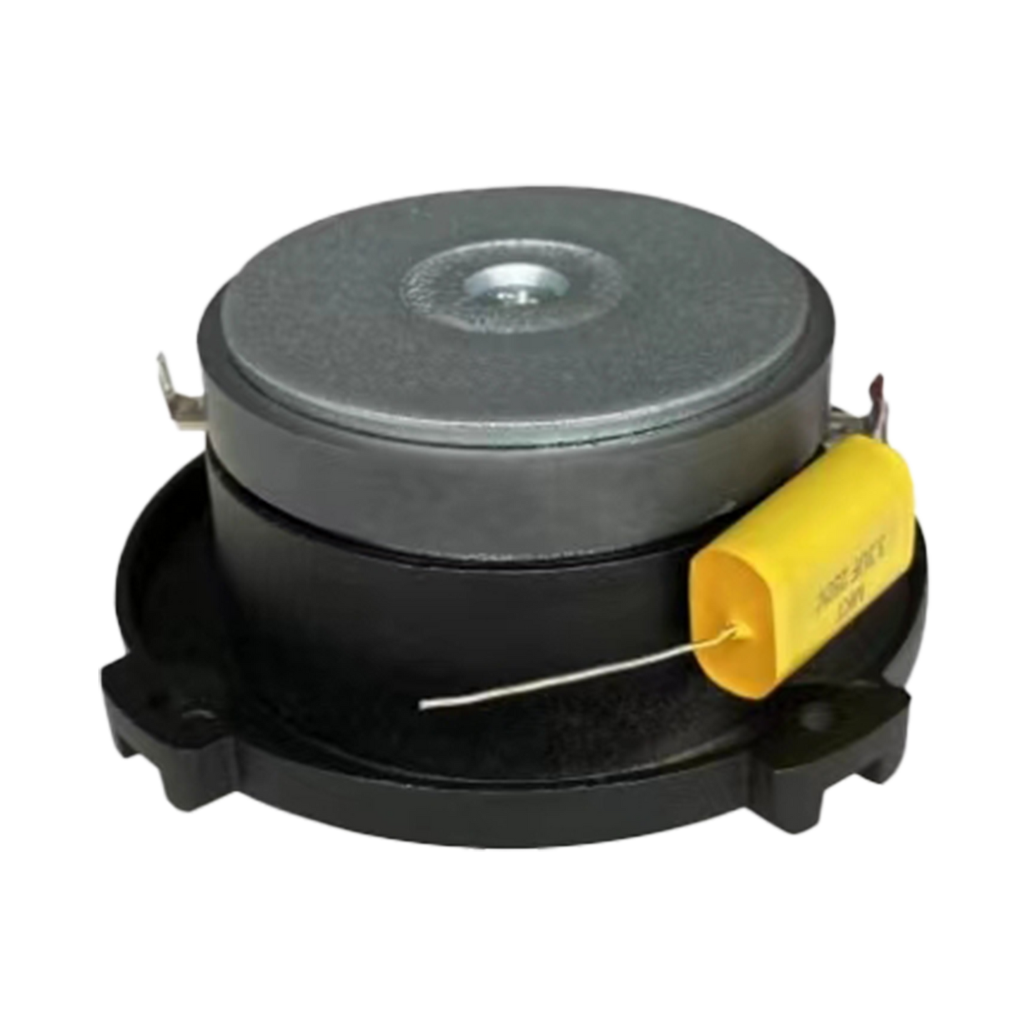 A black circular CVPX1 bullet horn tweeter with a metallic top sits on a round base, resembling precise horn-loaded drivers. A yellow cylindrical capacitor with a metal wire extends outward. The tweeter features three mounting tabs for installation against the plain white background.