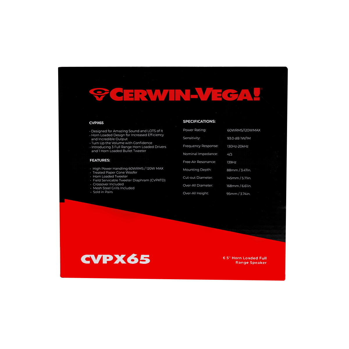 The image features the Cerwin-Vega! CVPX65 from the CVPX Series. The black box with red accents details its horn tweeter, power rating, frequency response, and boldly displays its model name in vibrant red at the bottom.