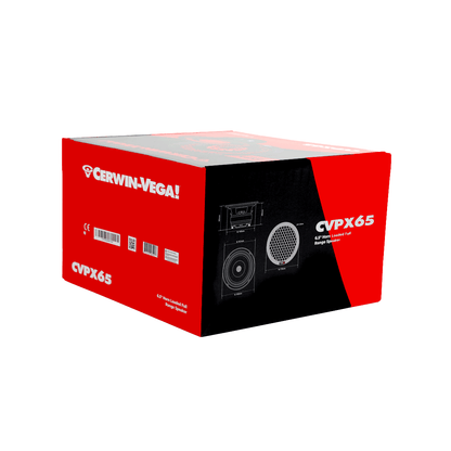 The CVPX65 - CVPX Series 6.5" 2-Way Full Range Speaker features a red and black Cerwin-Vega box with white text. Images of coaxial speakers and barcodes are displayed, highlighting its iconic horn tweeter technology. The brand name is prominently featured on the top and sides.