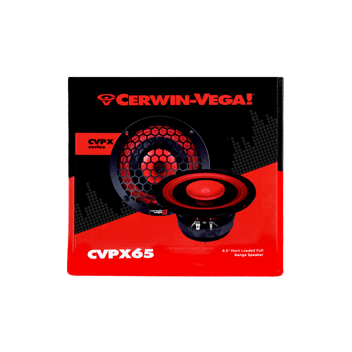 The CVPX65 speaker from the CVPX Series is showcased in a striking black and red box with the Cerwin-Vega logo, displaying a vivid image of the 6.5" 2-way full range speaker featuring a horn tweeter within its sleek black housing.