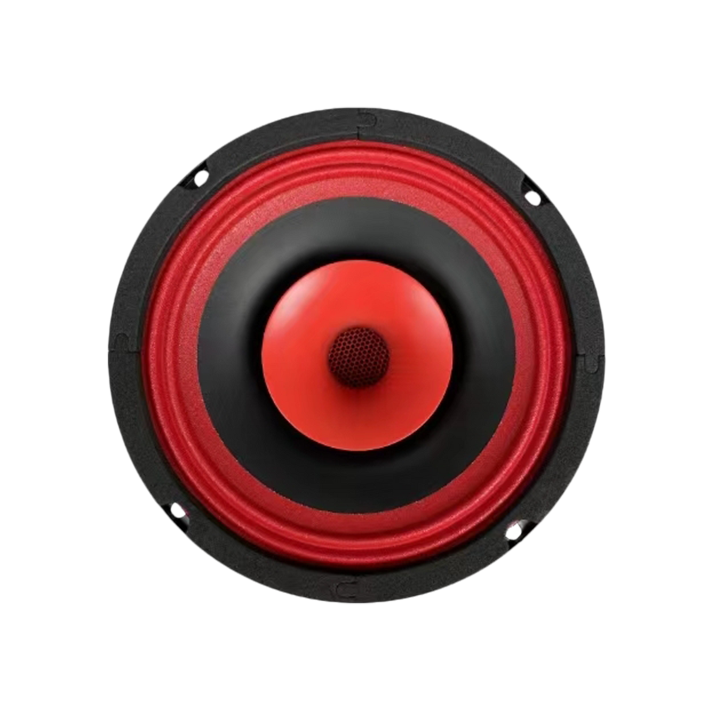 The CVPX65 speaker from the CVPX Series showcases a 6.5" round design with a red cone, black protective rim, and an orange dome center surrounded by a smooth black zone for a modern look that contrasts vibrant red with deep black elements.