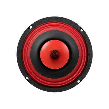 The CVPX65 speaker from the CVPX Series showcases a 6.5" round design with a red cone, black protective rim, and an orange dome center surrounded by a smooth black zone for a modern look that contrasts vibrant red with deep black elements.