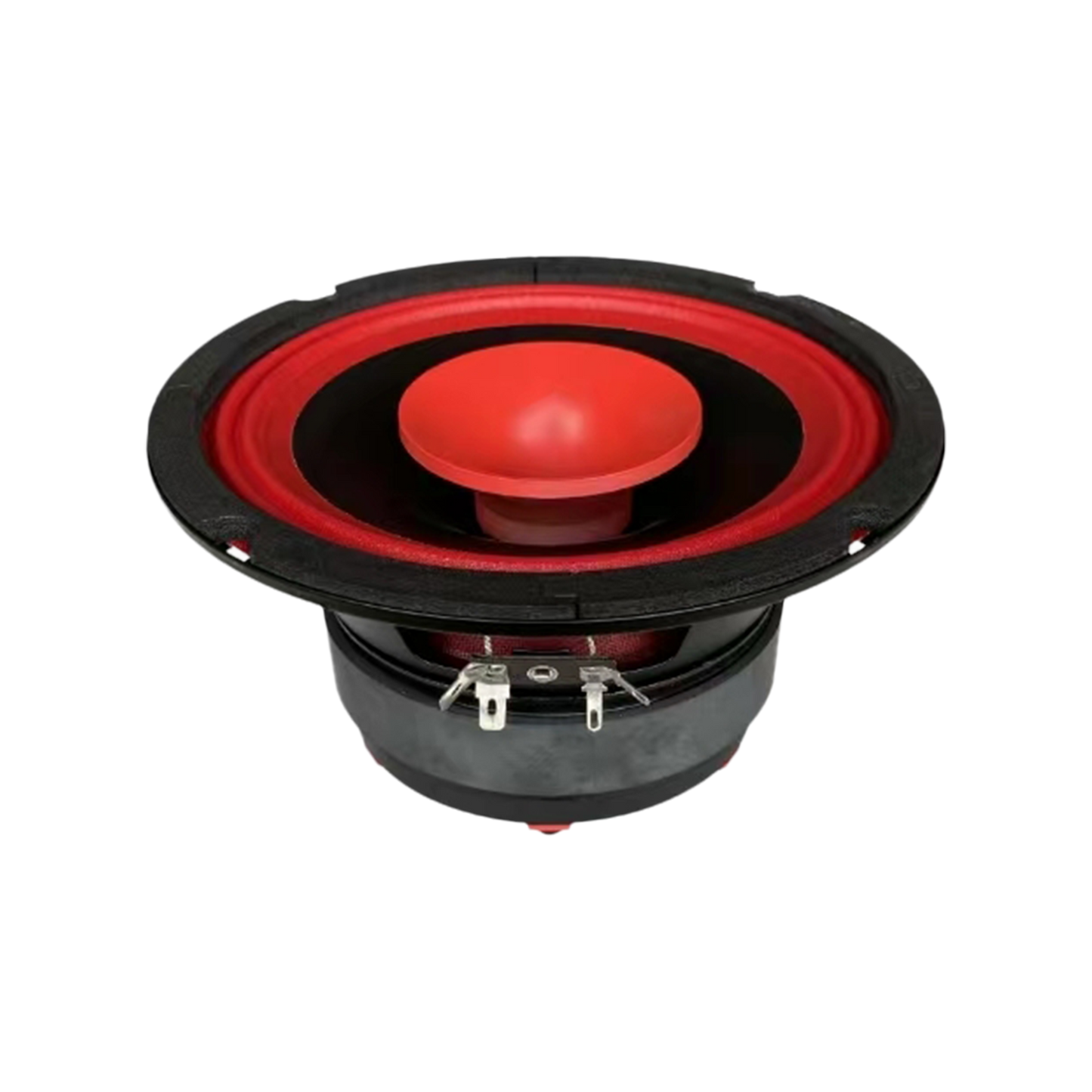 The CVPX65 from the CVPX Series is a 6.5" coaxial speaker with a black outer rim, bright red cone, matching center dome, and horn tweeter for crisp sound. Two metal connectors attach to its black casing, set against a white backdrop.