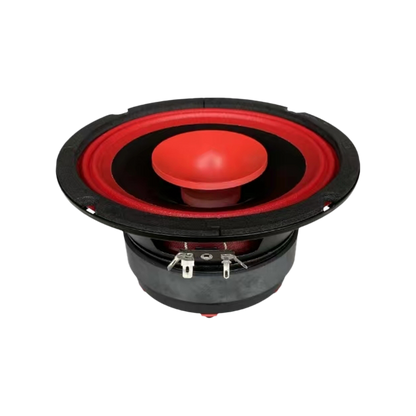 The CVPX65 from the CVPX Series is a 6.5" coaxial speaker with a black outer rim, bright red cone, matching center dome, and horn tweeter for crisp sound. Two metal connectors attach to its black casing, set against a white backdrop.