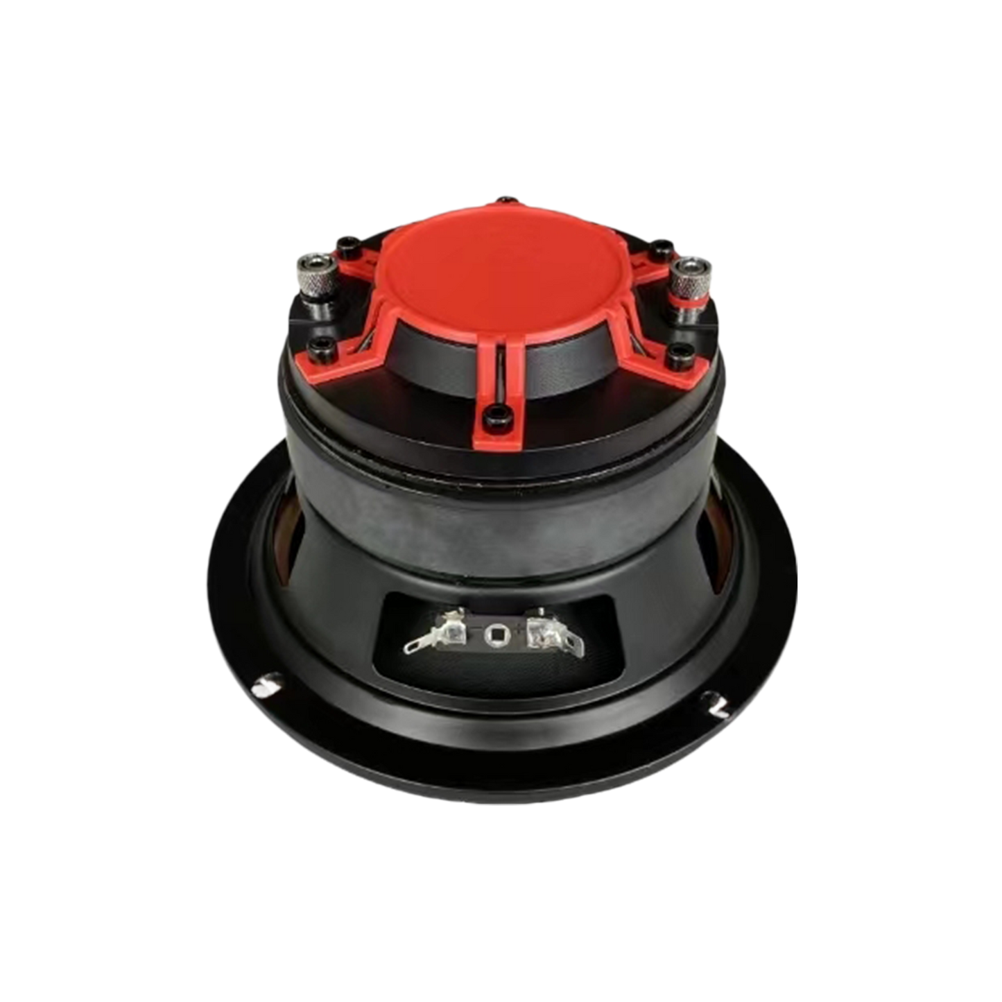 The CVPX65 from the CVPX Series is a compact, industrial 6.5" audio speaker component. It features a red top with black bolts and a cylindrical design transitioning to a wide black base, where terminals are visible, offering a striking black and red aesthetic.