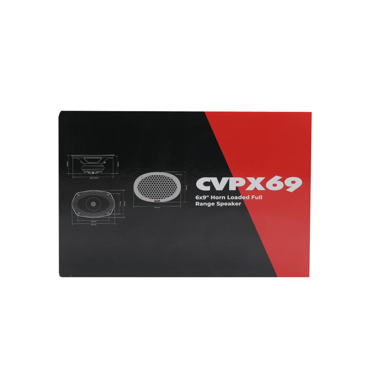 The CVPX69 packaging showcases a black and red design for the CVPX Series 6"x9" 2-Way Full Range Speaker w/Horn Tweeter. White technical sketches of the horn-loaded drivers appear on the left side, with the product name and description in bold white text on a red background, emphasizing its superior audio performance.